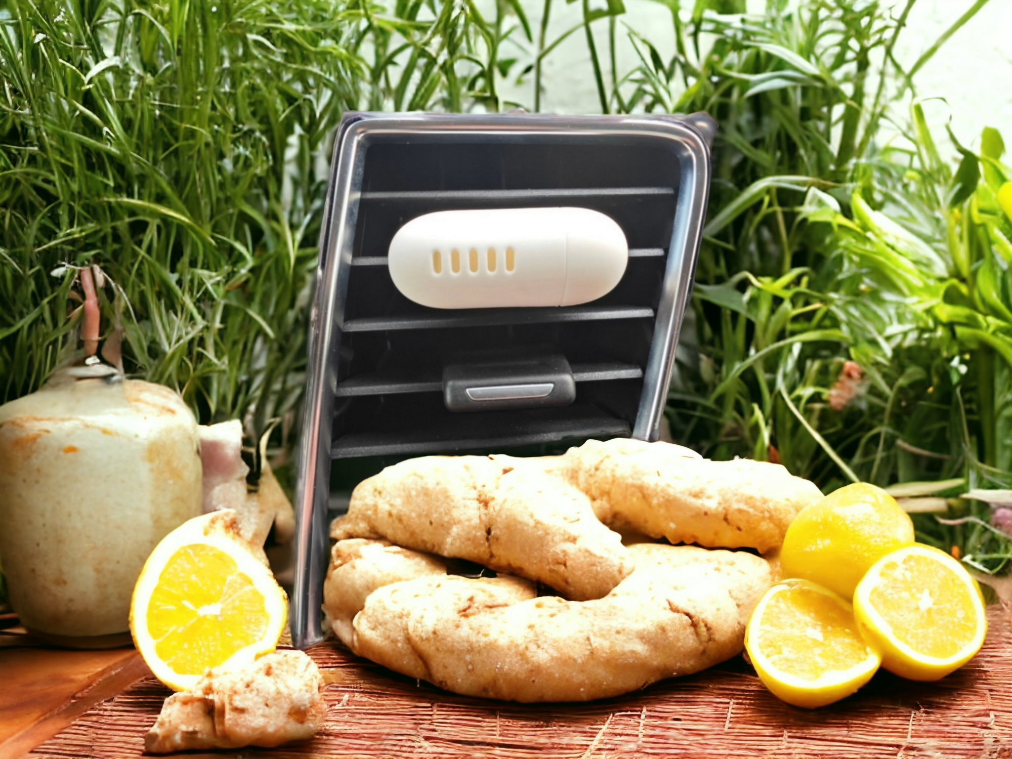 A picture showing the Car Delish Car air freshener Zesty Zenith scent option, situated on a rustic table with lemongrass, lemons and ginger beside it