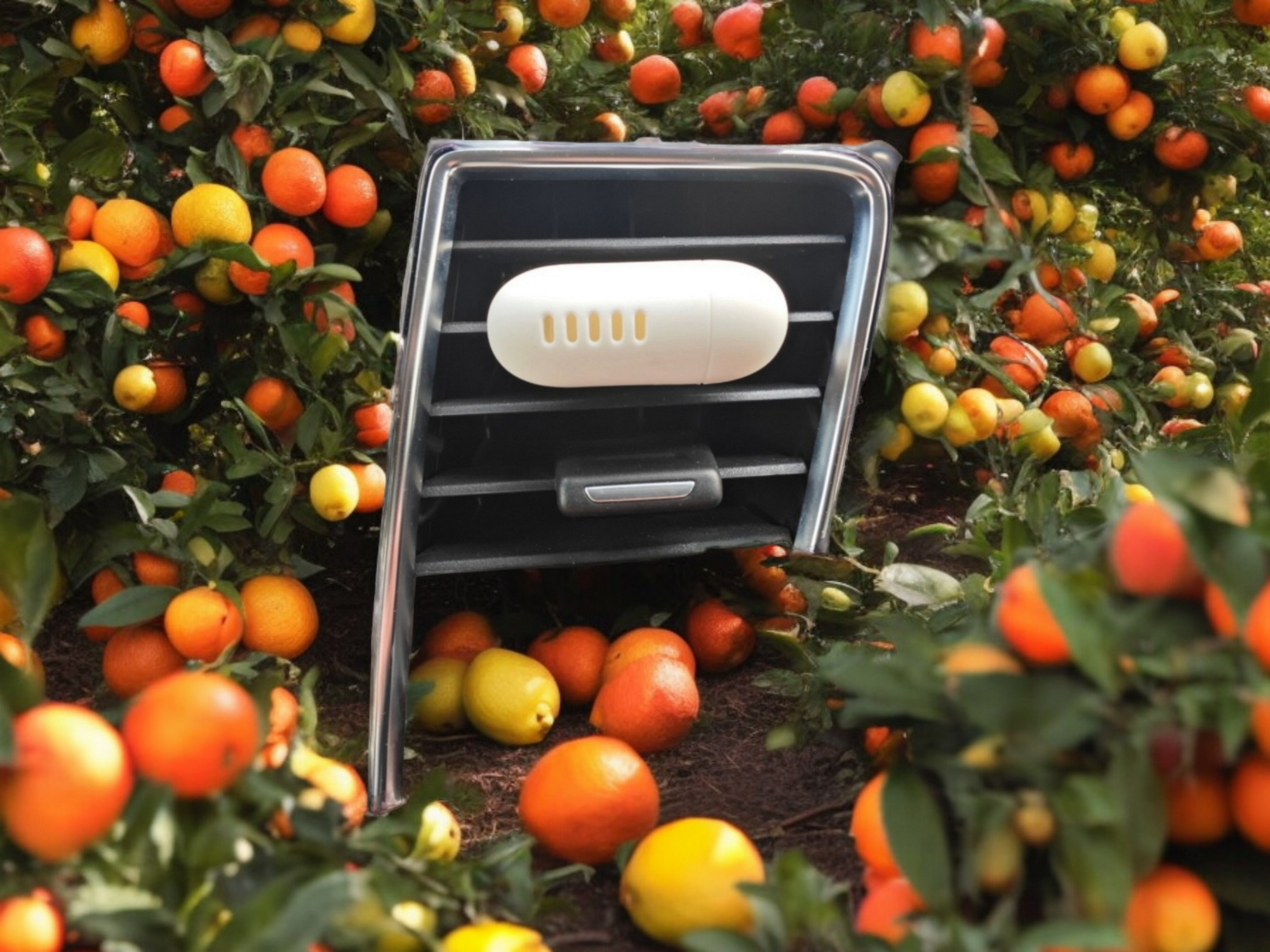 A picture showing the Car Delish Car air freshener Citrus Surge scent option, situated in a lemon and orange grove