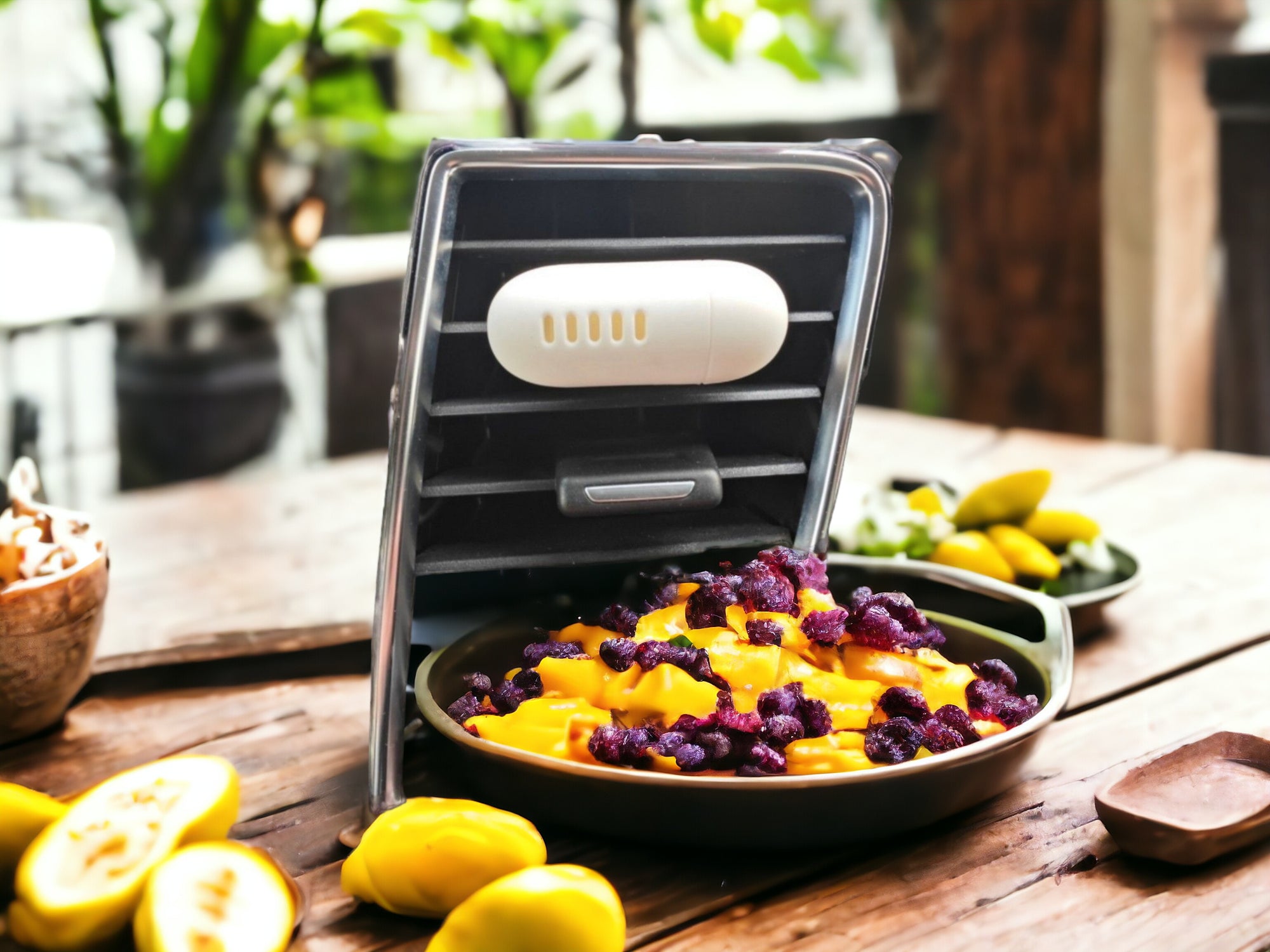 A picture showing the Car Delish Car air freshener Mango and Passion Melody scent option, situated on a rustic wooden table with passion fruit and mango by its side