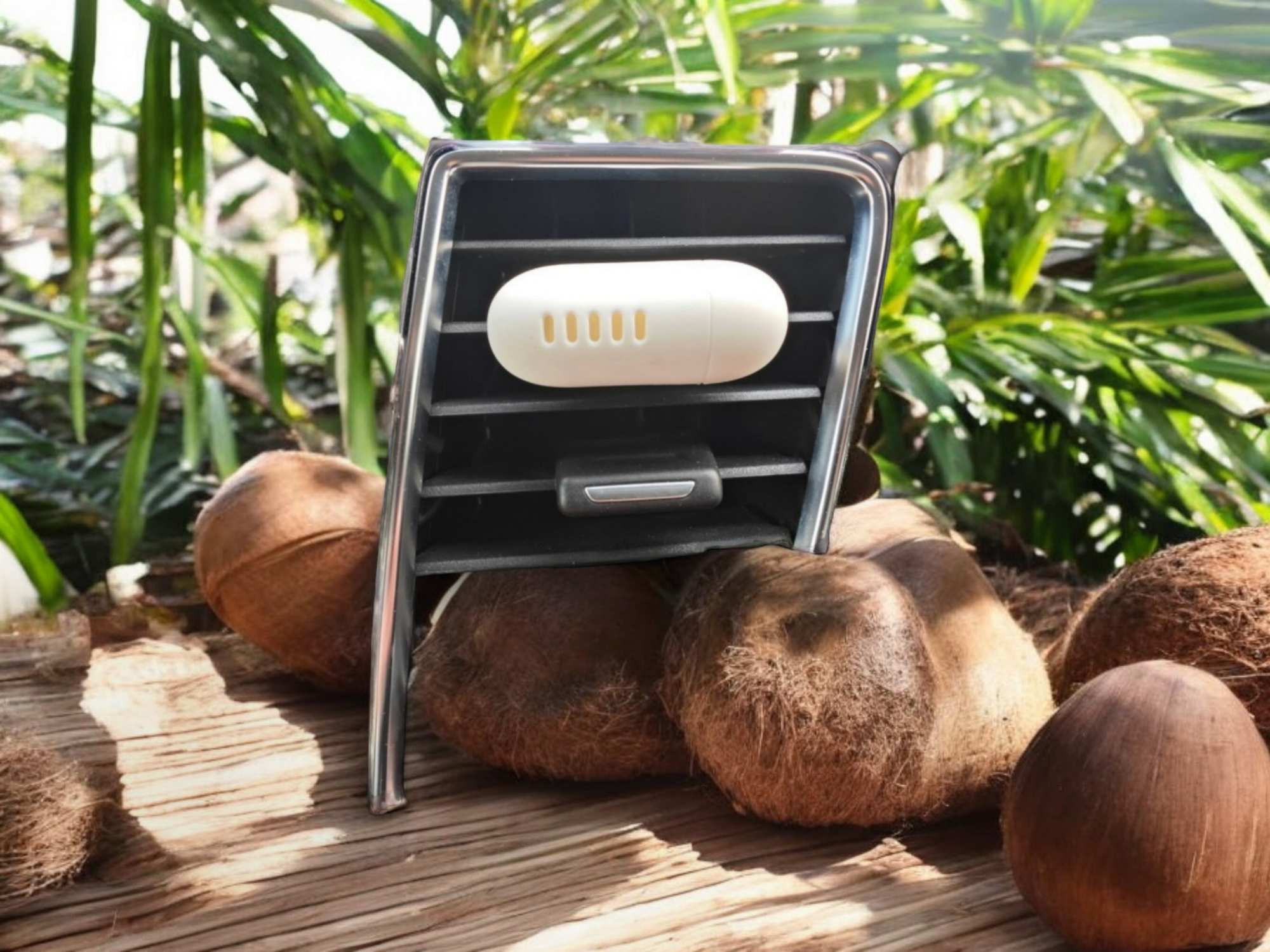 A picture showing the Car Delish Car air freshener with a tropical coconut background and showing the Cabana dreams scent
